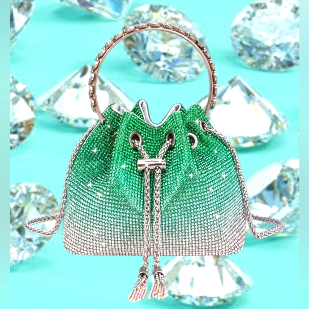 Beautiful Ocean Green Ombre Rhinestone Crystal Diamante Pouch Purse Bucket Bag